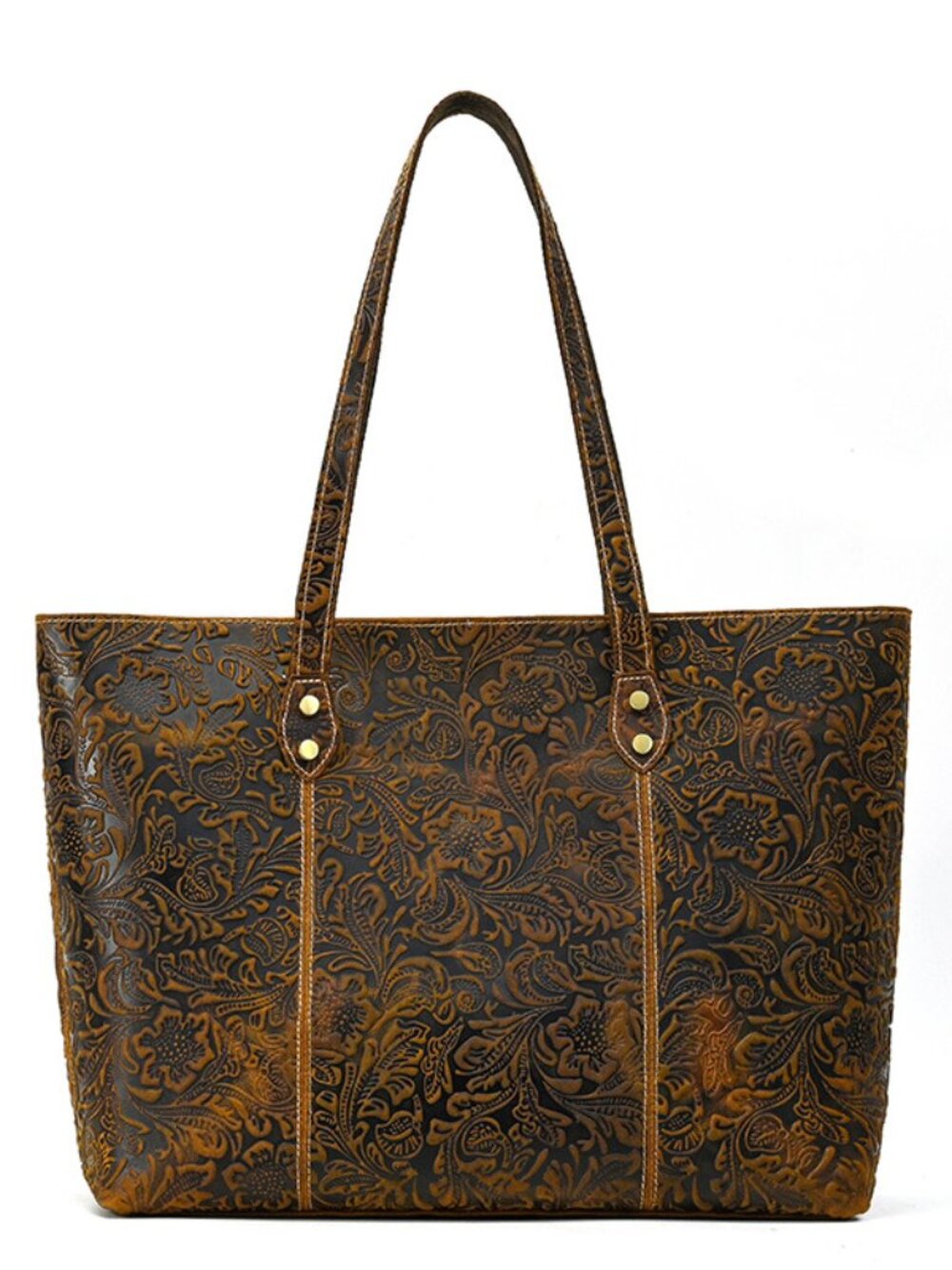 Original Design Full Grain Leather Embossed Floral Tote Bag Vintage Shoulder Han